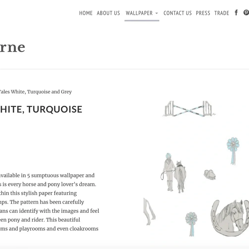 KATIE BOURNE INTERIORS Luxury Wallpaper HORSE TALES WHITE, TURQUOISE & GREY New